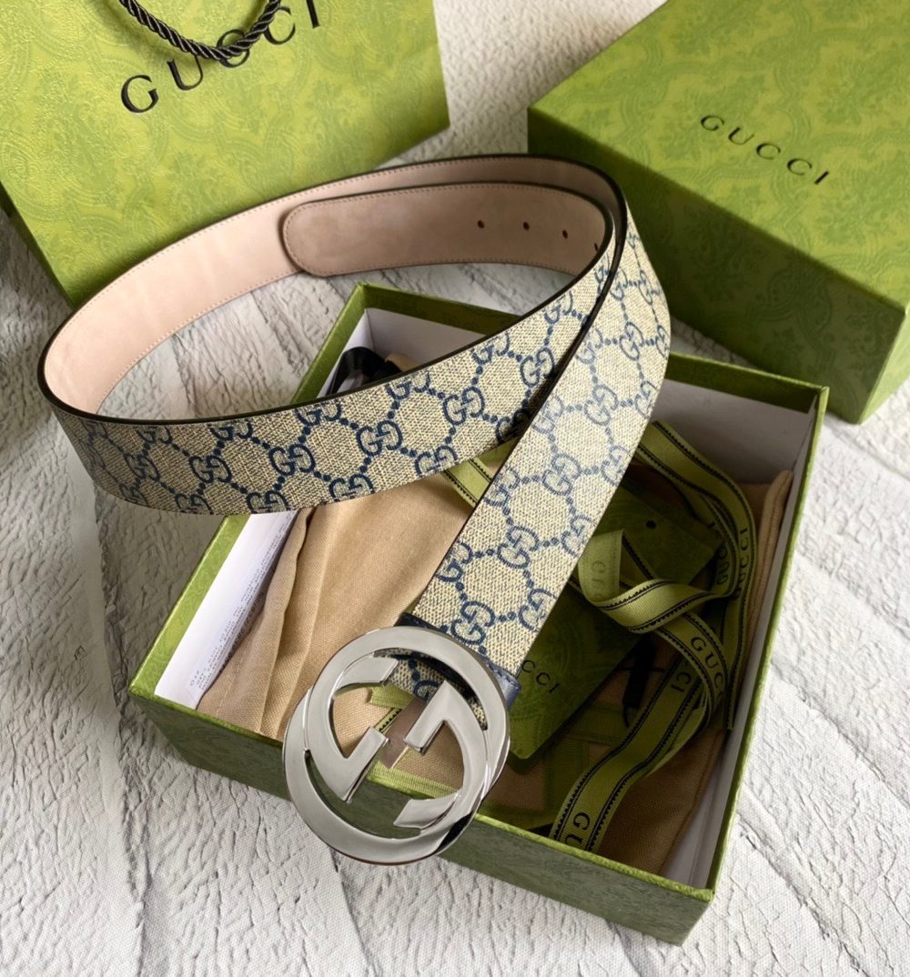 1:1 Replica Gucci GG Supreme Belt With G Buckle Beige/Blue, Women Belt 411924 KGDHN 4075