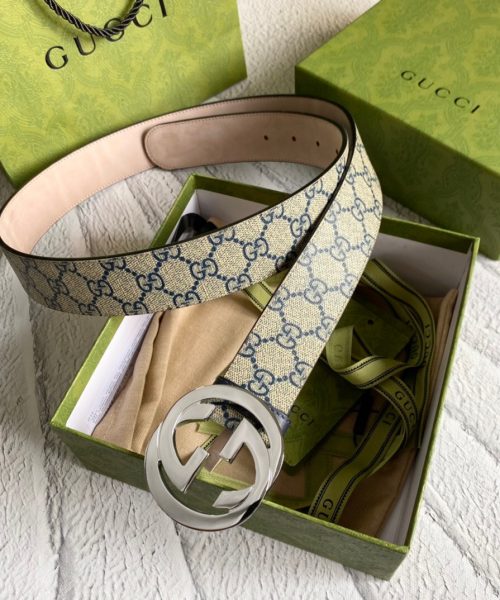 1:1 Replica Gucci GG Supreme Belt With G Buckle Beige/Blue, Women Belt 411924 KGDHN 4075