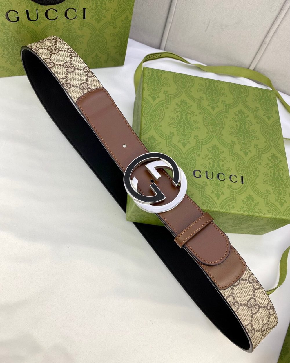 1:1 Replica Gucci GG Supreme Belt With G Buckle Beige/Ebony And Brown GG Supreme Canvas For Women, Women Belt