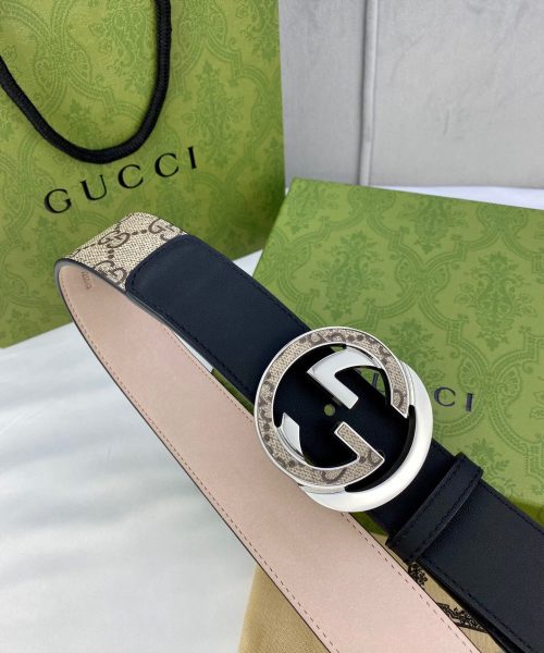 1:1 Replica Gucci GG Supreme Belt With Interlocking G Buckle Beige/Ebony And Black GG Supreme Canvas For Women, Women Belt