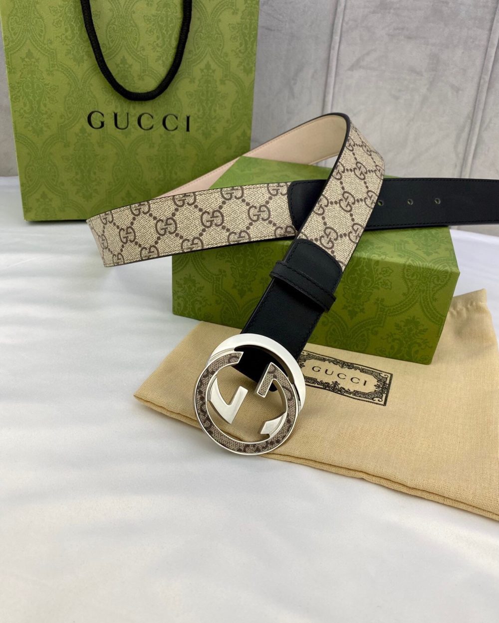 1:1 Replica Gucci GG Supreme Belt With Interlocking G Buckle Beige/Ebony And Black GG Supreme Canvas For Women, Women Belt