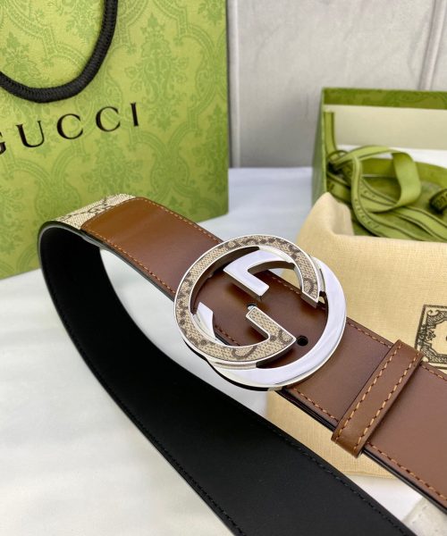 1:1 Replica Gucci GG Supreme Belt With Interlocking G Buckle Beige/Ebony And Brown GG Supreme Canvas For Women, Women Belt