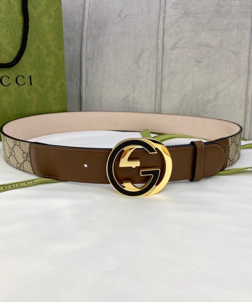 1:1 Replica Gucci GG Supreme Belt With Interlocking G Buckle Beige/Ebony And Brown GG Supreme Canvas For Women, Women Belt