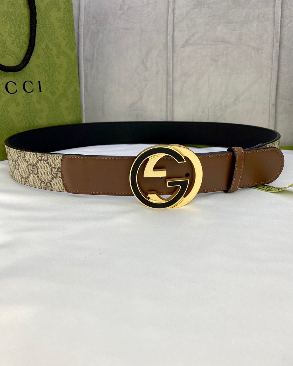 1:1 Replica Gucci GG Supreme Belt With Interlocking G Buckle Beige/Ebony And Brown GG Supreme Canvas For Women, Women Belt