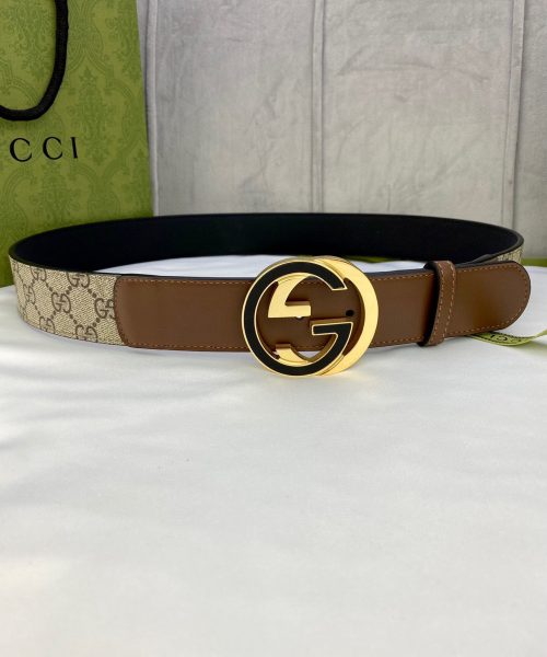 1:1 Replica Gucci GG Supreme Belt With Interlocking G Buckle Beige/Ebony And Brown GG Supreme Canvas For Women, Women Belt
