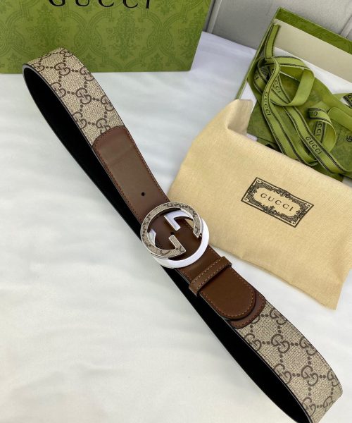 1:1 Replica Gucci GG Supreme Belt With Interlocking G Buckle Beige/Ebony And Brown GG Supreme Canvas For Women, Women Belt