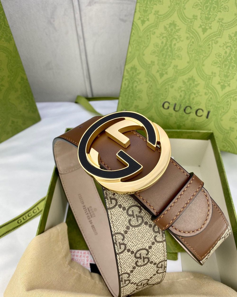 1:1 Replica Gucci GG Supreme Belt With Interlocking G Buckle Beige/Ebony And Brown GG Supreme Canvas For Women, Women Belt