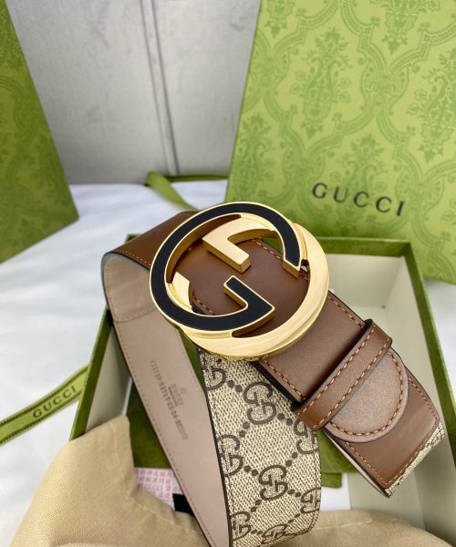 1:1 Replica Gucci GG Supreme Belt With Interlocking G Buckle Beige/Ebony And Brown GG Supreme Canvas For Women, Women Belt