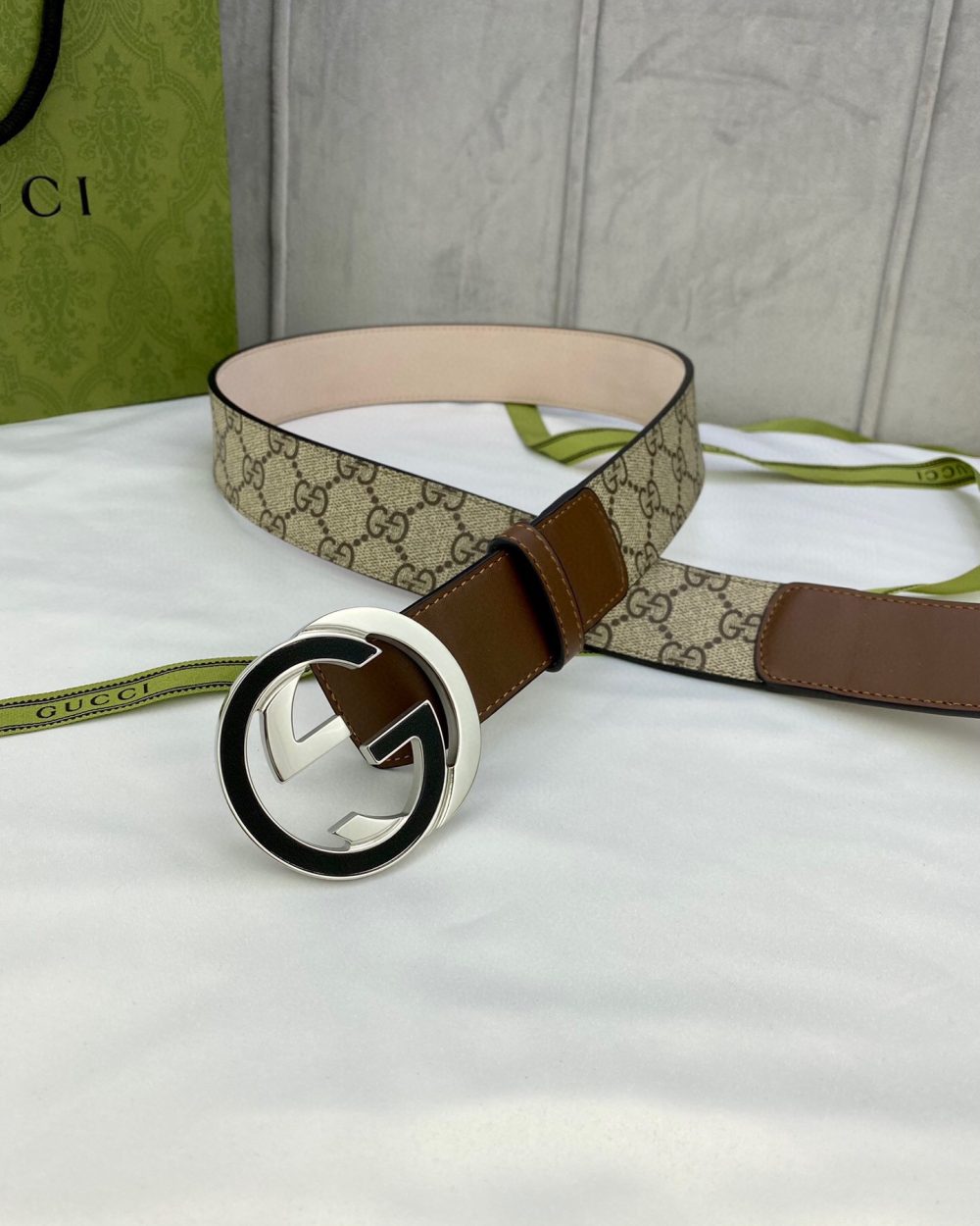 1:1 Replica Gucci GG Supreme Belt With Interlocking G Buckle Beige/Ebony And Brown GG Supreme Canvas For Women, Women Belt