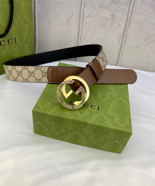 1:1 Replica Gucci GG Supreme Belt With Interlocking G Buckle Beige/Ebony And Brown GG Supreme Canvas For Women, Women Belt