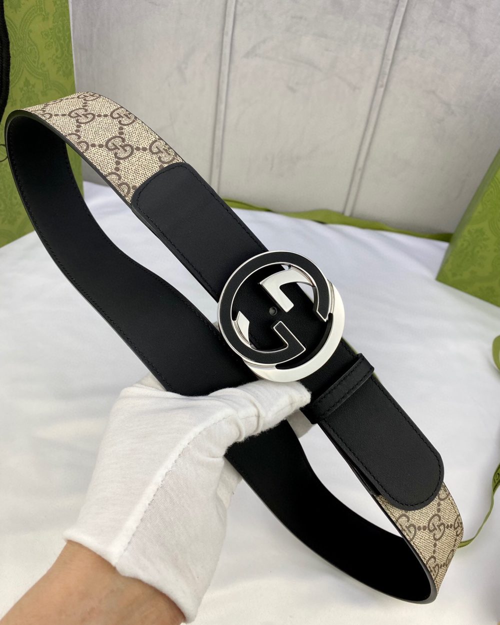 1:1 Replica Gucci GG Supreme Belt With Interlocking G Buckle Beige/Ebony GG Supreme And Black For Women, Women Belt