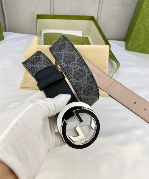1:1 Replica Gucci GG Supreme Belt With Interlocking G Buckle Black/Grey GG Supreme Canvas With Black For Women, Women Belt
