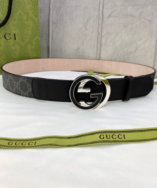 1:1 Replica Gucci GG Supreme Belt With Interlocking G Buckle Black/Grey GG Supreme Canvas With Black For Women, Women Belt