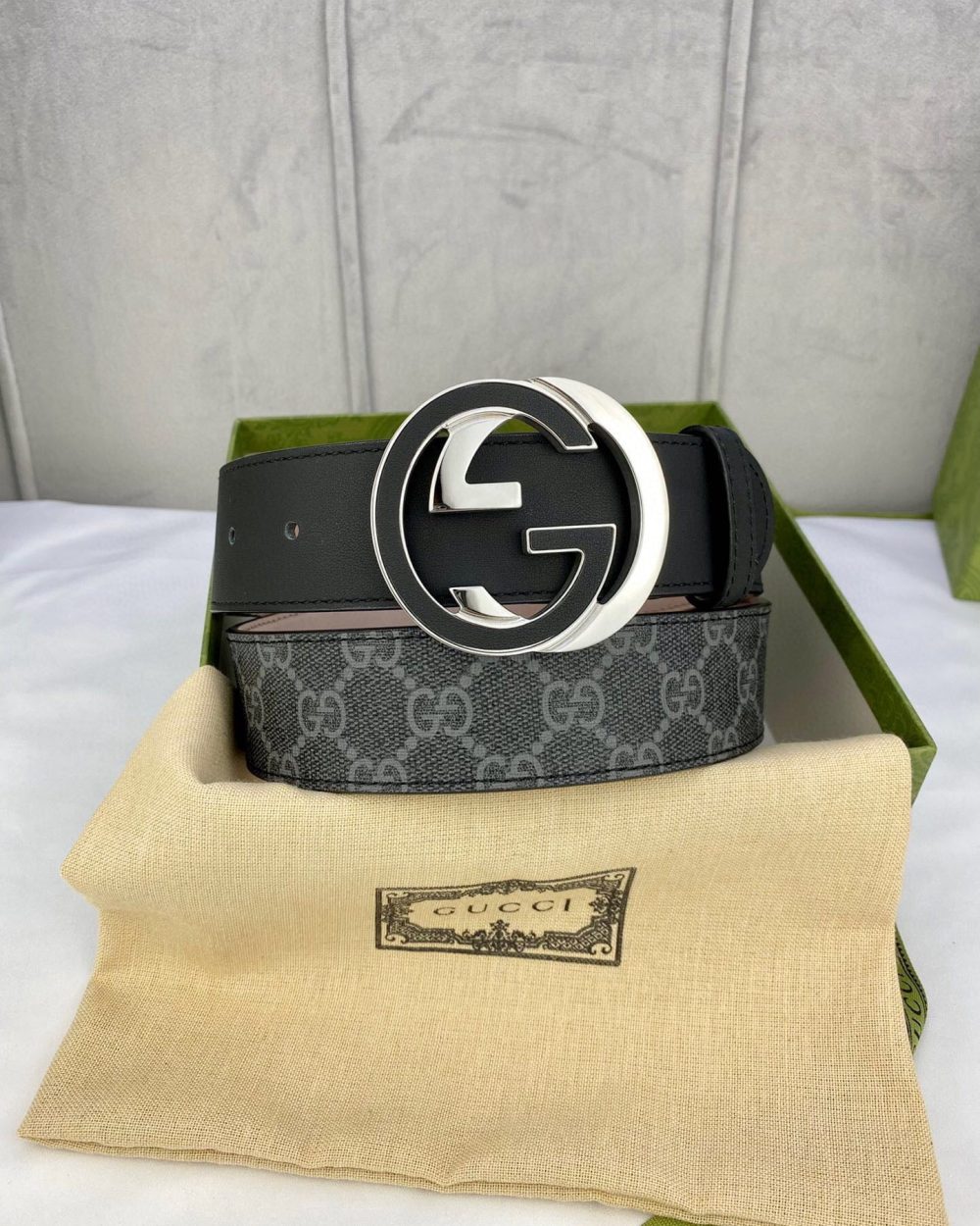 1:1 Replica Gucci GG Supreme Belt With Interlocking G Buckle Black/Grey GG Supreme Canvas With Black For Women, Women Belt
