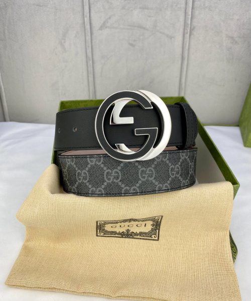 1:1 Replica Gucci GG Supreme Belt With Interlocking G Buckle Black/Grey GG Supreme Canvas With Black For Women, Women Belt