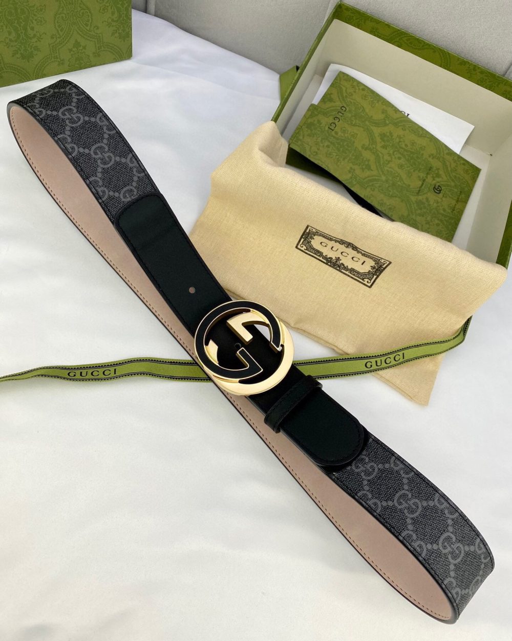 1:1 Replica Gucci GG Supreme Belt With Interlocking G Buckle Black/Grey GG Supreme Canvas With Black For Women, Women Belt
