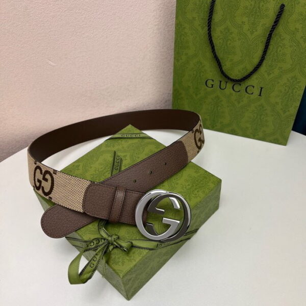1:1 Replica Gucci GG Supreme Belt With Interlocking G Buckle Camel And Ebony Jumbo GG Canvas And Brown For Women, Women Belt