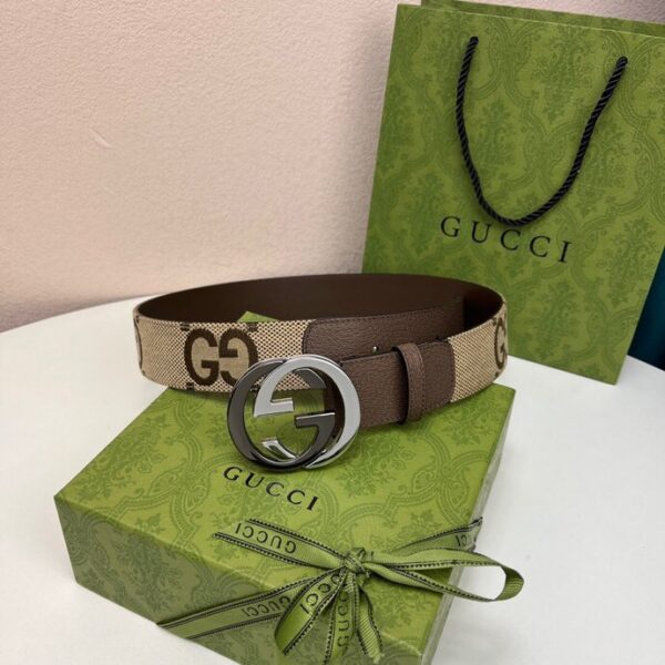 1:1 Replica Gucci GG Supreme Belt With Interlocking G Buckle Camel And Ebony Jumbo GG Canvas And Brown For Women, Women Belt