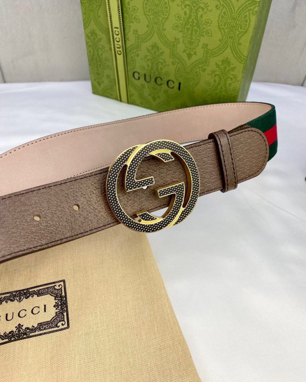 1:1 Replica Gucci GG Web Belt With G Buckle Green/Red Web Fabric And Brown For Women, Women Belt
