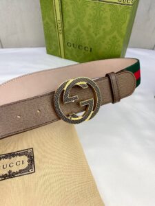 1:1 Replica Gucci GG Web Belt With G Buckle Green/Red Web Fabric And Brown For Women, Women Belt