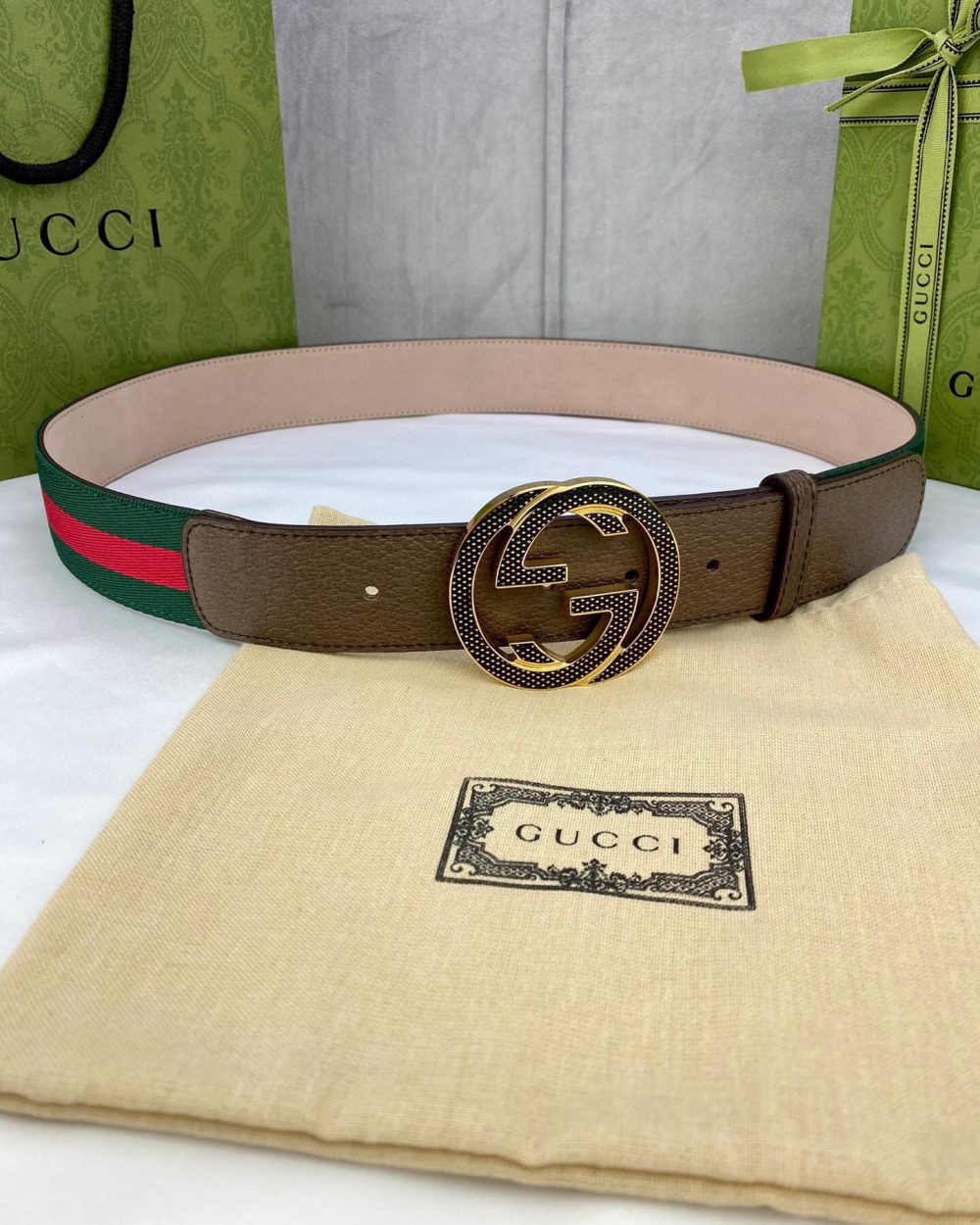 1:1 Replica Gucci GG Web Belt With G Buckle Green/Red Web Fabric And Brown For Women, Women Belt