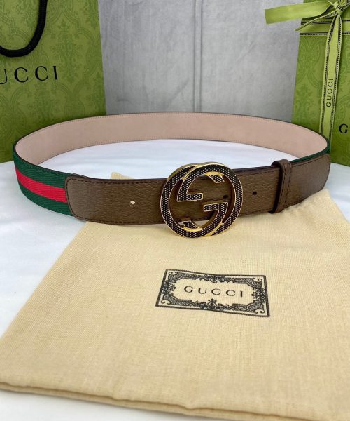 1:1 Replica Gucci GG Web Belt With G Buckle Green/Red Web Fabric And Brown For Women, Women Belt