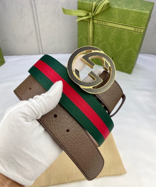 1:1 Replica Gucci GG Web Belt With G Buckle Green/Red Web Fabric And Brown For Women, Women Belt
