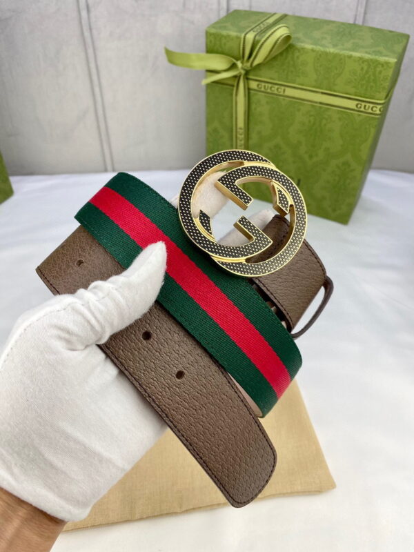 1:1 Replica Gucci GG Web Belt With G Buckle Green/Red Web Fabric And Brown For Women, Women Belt
