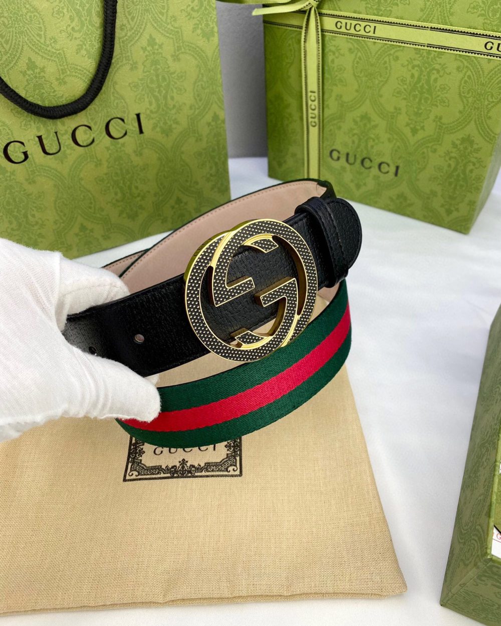 1:1 Replica Gucci GG Web Belt With Interlocking G Buckle Green/Red Web Fabric And Black For Women, Women Belt
