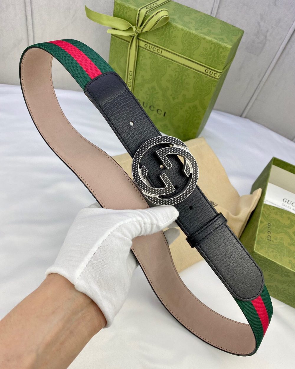 1:1 Replica Gucci GG Web Belt With Interlocking G Buckle Green/Red Web Fabric And Black For Women, Women Belt