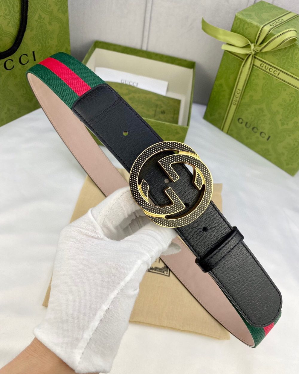 1:1 Replica Gucci GG Web Belt With Interlocking G Buckle Green/Red Web Fabric And Black For Women, Women Belt