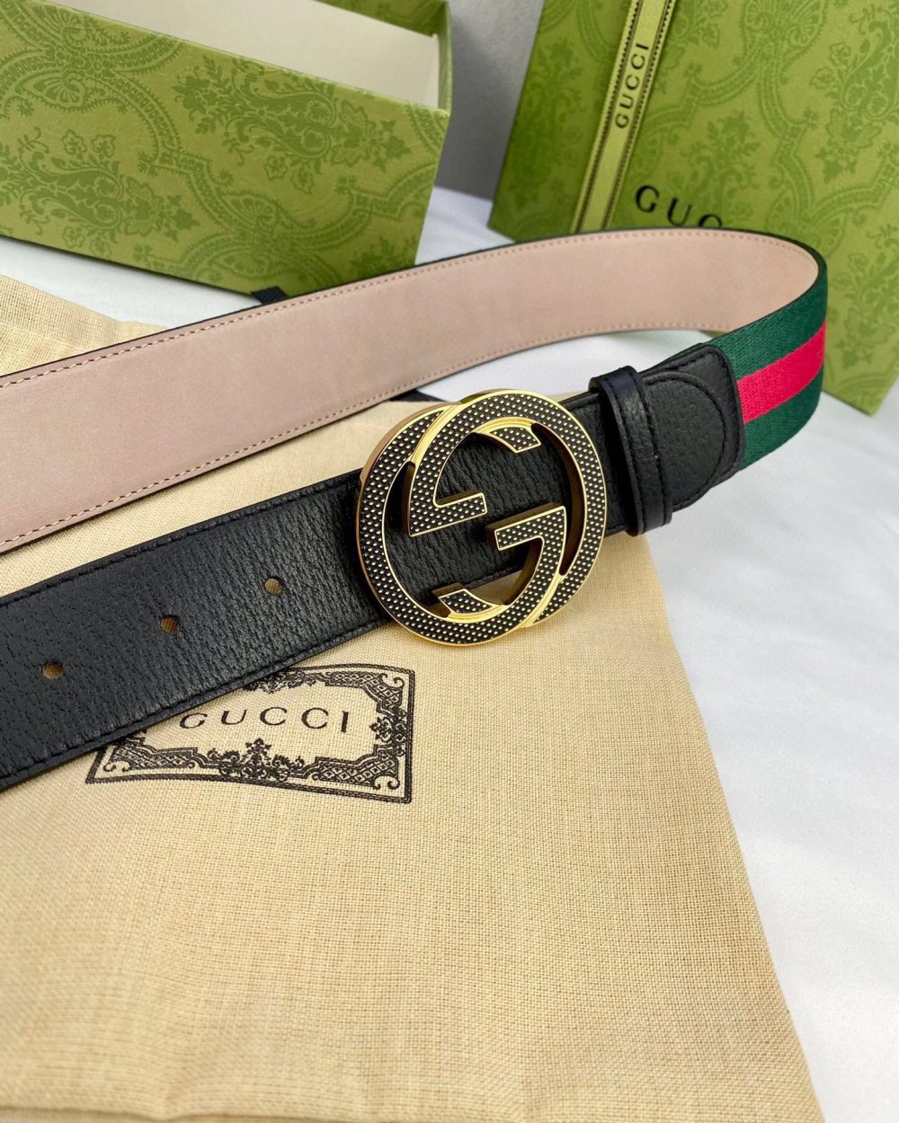 1:1 Replica Gucci GG Web Belt With Interlocking G Buckle Green/Red Web Fabric And Black For Women, Women Belt