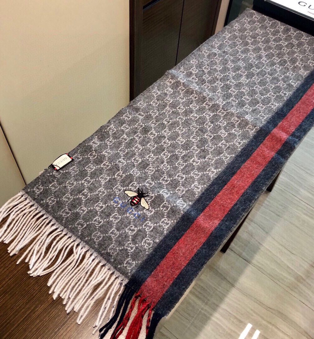 Gucci GG Wool Stole With Web Scarf Grey/Red 71in/180cm 