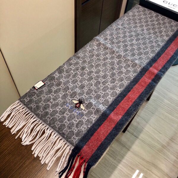 Gucci GG Wool Stole With Web Scarf Grey/Red 71in/180cm