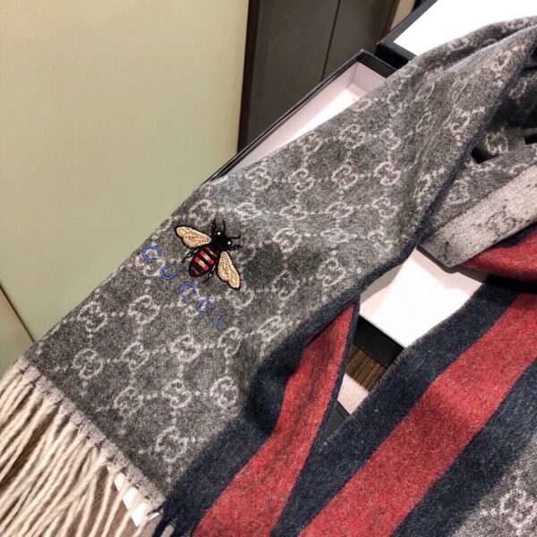 Gucci GG Wool Stole With Web Scarf Grey/Red 71in/180cm