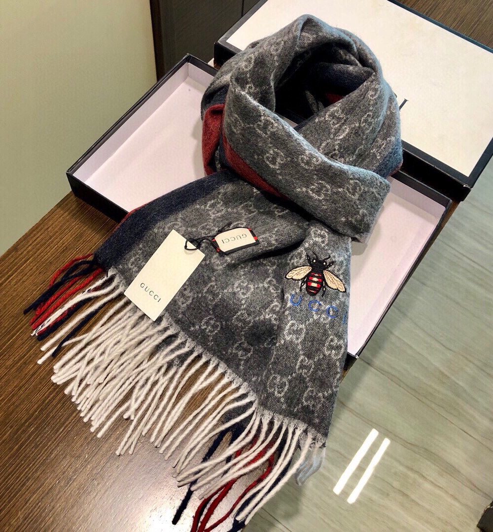 Gucci GG Wool Stole With Web Scarf Grey/Red 71in/180cm 