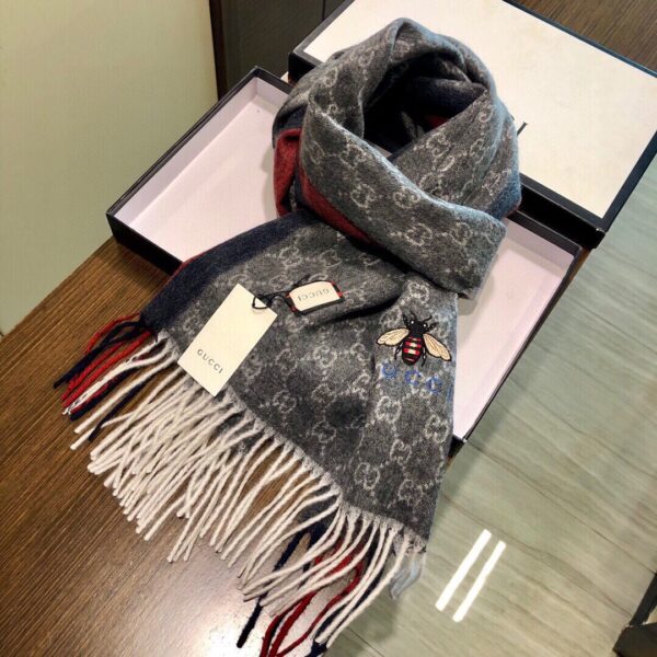 Gucci GG Wool Stole With Web Scarf Grey/Red 71in/180cm