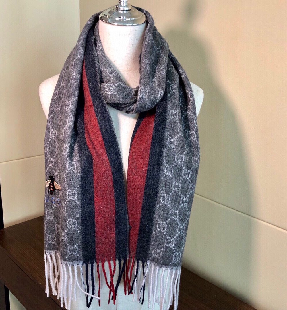 Gucci GG Wool Stole With Web Scarf Grey/Red 71in/180cm 
