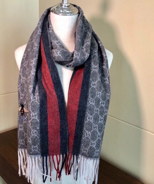 Gucci GG Wool Stole With Web Scarf Grey/Red 71in/180cm