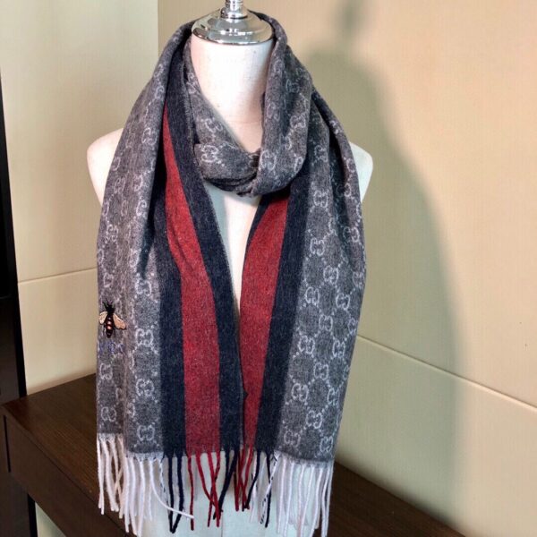 Gucci GG Wool Stole With Web Scarf Grey/Red 71in/180cm