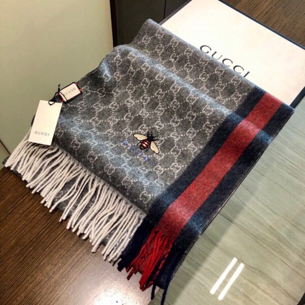 Gucci GG Wool Stole With Web Scarf Grey/Red 71in/180cm