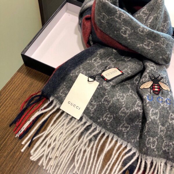 Gucci GG Wool Stole With Web Scarf Grey/Red 71in/180cm