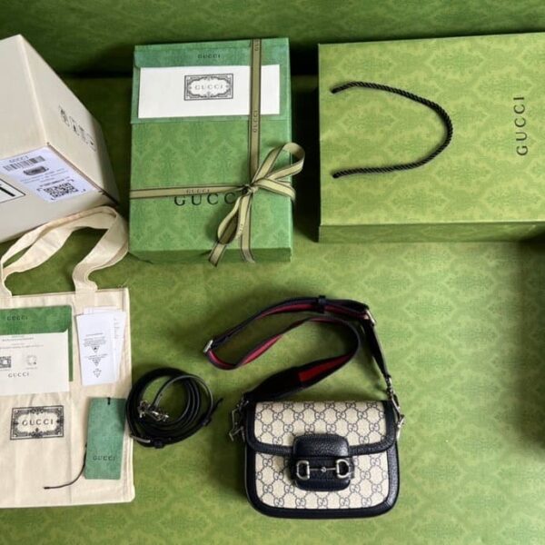 1:1 Replica Gucci Horsebit 1955 GG Mini Bag Beige And Blue Supreme Canvas For Women 8in/20cm 658574 96IWN 4076