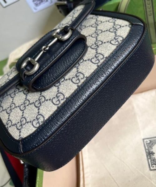 1:1 Replica Gucci Horsebit 1955 GG Mini Bag Beige And Blue Supreme Canvas For Women 8in/20cm 658574 96IWN 4076