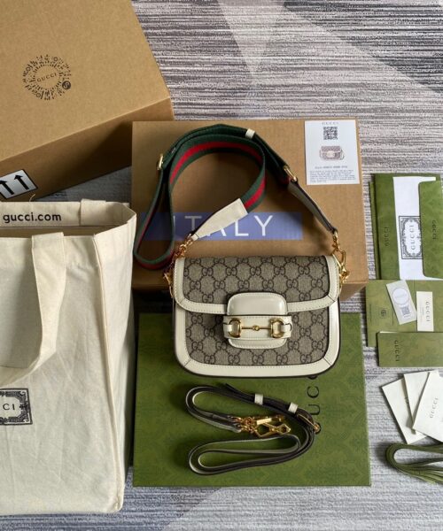 1:1 Replica Gucci Horsebit 1955 GG Mini Bag White For Women, Women's Bags 8in/21cm GG