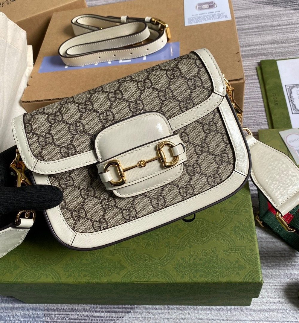 1:1 Replica Gucci Horsebit 1955 GG Mini Bag White For Women, Women's Bags 8in/21cm GG