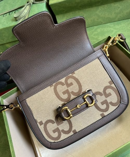 1:1 Replica Gucci Horsebit 1955 Jumbo Mini Bag Camel And Ebony Jumbo GG Canvas For Women 8in/21cm 658574 UKMDG 2570