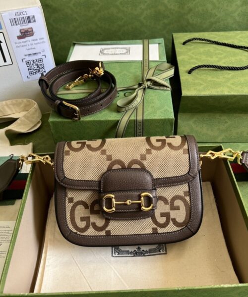 1:1 Replica Gucci Horsebit 1955 Jumbo Mini Bag Camel And Ebony Jumbo GG Canvas For Women 8in/21cm 658574 UKMDG 2570