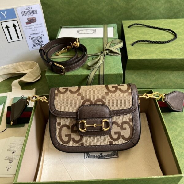 1:1 Replica Gucci Horsebit 1955 Jumbo Mini Bag Camel And Ebony Jumbo GG Canvas For Women 8in/21cm 658574 UKMDG 2570