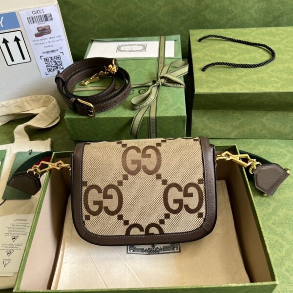 1:1 Replica Gucci Horsebit 1955 Jumbo Mini Bag Camel And Ebony Jumbo GG Canvas For Women 8in/21cm 658574 UKMDG 2570
